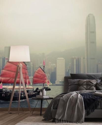 nebliger Hong Kong mit Boots-Tapete nebliger Hong Kong mit Boots-Tapete