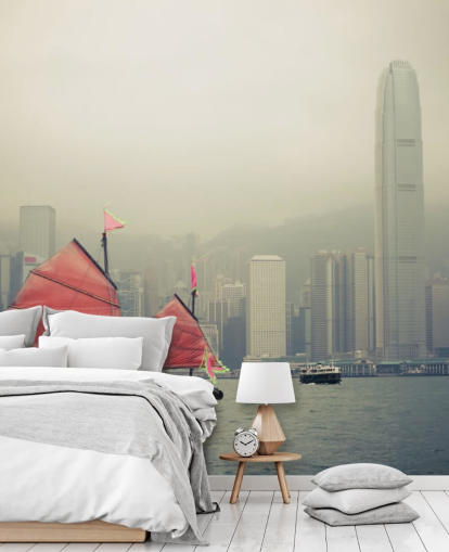 misty hong kong with boat wallpaper misty hong kong with boat wallpaper