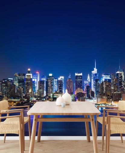 blue new york cityscape wallpaper mural called Manhattan Night Skyline for bedrooms and offices