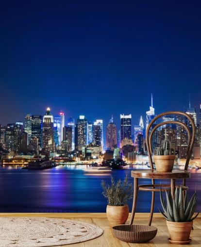 blå new york cityscape tapetväggmålning som heter Manhattan Night Skyline för sovrum och kontor