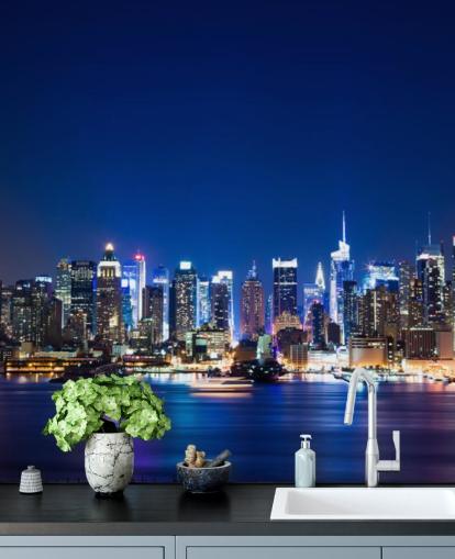 blå new york cityscape tapet veggmaleri kalt Manhattan Night Skyline for soverom og kontorer blå new york cityscape tapet veggmaleri kalt Manhattan Night Skyline for soverom og kontorer