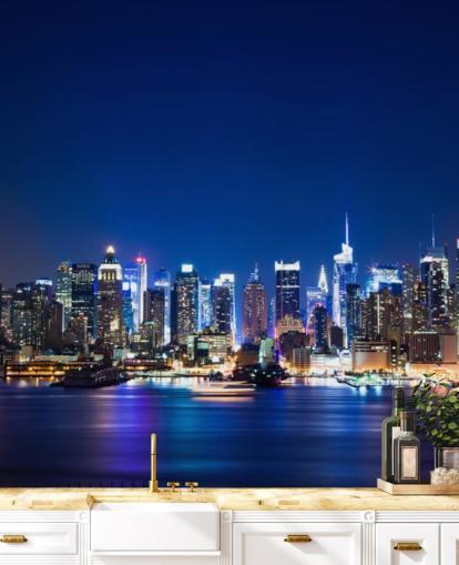blå new york cityscape tapet veggmaleri kalt Manhattan Night Skyline for soverom og kontorer