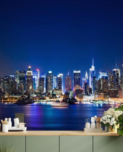 mural azul de papel pintado de paisaje urbano de Nueva York llamado Manhattan Night Skyline para dormitorios y oficinas