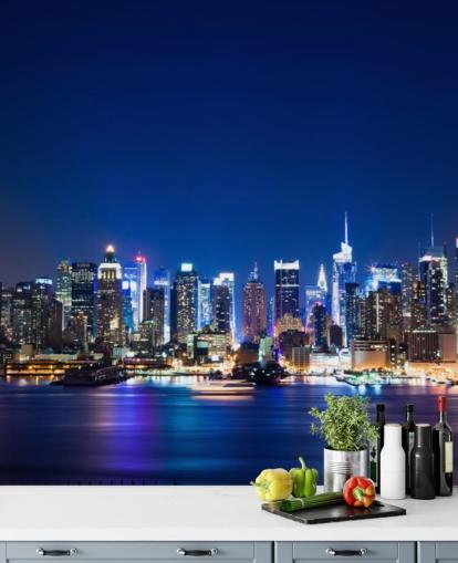 blaue New Yorker Stadtbildtapete namens Manhattan Night Skyline für Schlafzimmer und Büros blaue New Yorker Stadtbildtapete namens Manhattan Night Skyline für Schlafzimmer und Büros