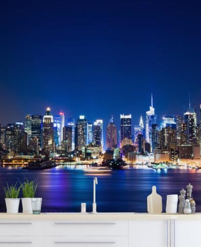 mural azul de papel de parede de paisagem urbana de Nova York chamado Manhattan Night Skyline para quartos e escritórios