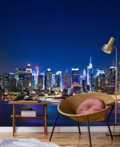 sininen new yorkin kaupunkikuva taustakuvamaalaus nimeltä Manhattan Night Skyline makuuhuoneisiin ja toimistoihin