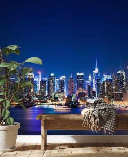 carta da parati murale blu con paesaggio urbano di New York chiamato Manhattan Night Skyline per camere da letto e uffici
