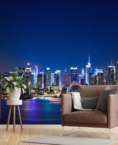 blå new york cityscape tapet veggmaleri kalt Manhattan Night Skyline for soverom og kontorer