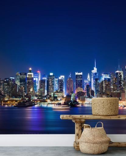 blå new york cityscape tapetmaleri kaldet Manhattan Night Skyline til soveværelser og kontorer