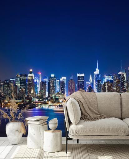 blauwe muurschildering met stadsgezicht van New York genaamd Manhattan Night Skyline voor slaapkamers en kantoren blauwe muurschildering met stadsgezicht van New York genaamd Manhattan Night Skyline voor slaapkamers en kantoren