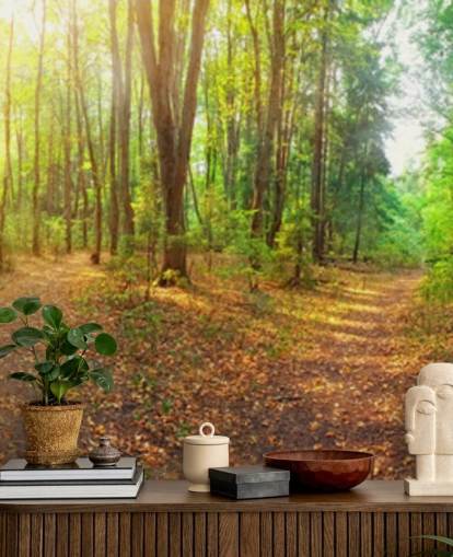 Solig dag skog Panorama väggmålning Bakgrund Solig dag skog Panorama väggmålning Bakgrund