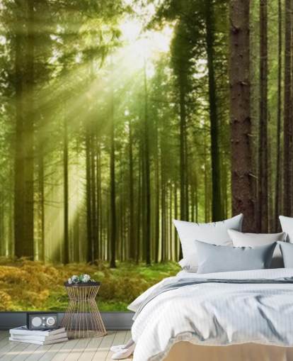 papel pintado verde personalizable llamado Panoramic Woodland para dormitorios