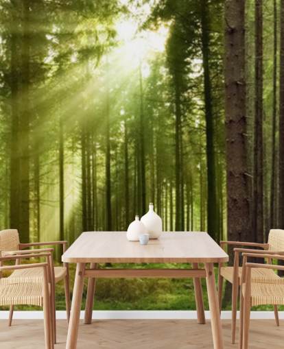 groen aanpasbaar bosbehang genaamd Panoramic Woodland voor slaapkamers