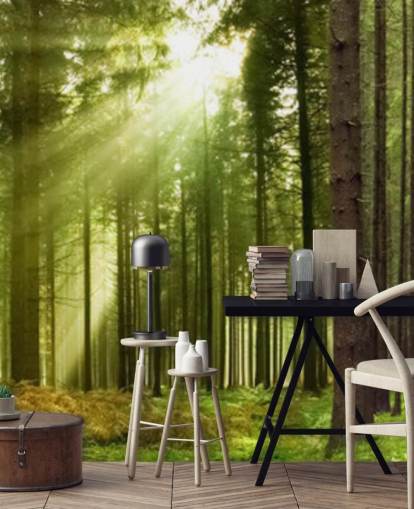 grüne anpassbare Waldtapete namens Panoramic Woodland für Schlafzimmer