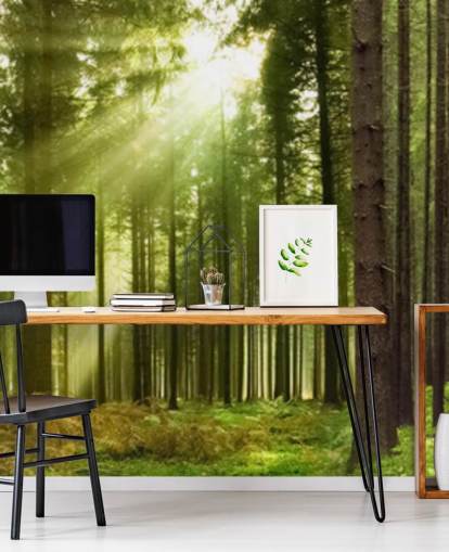 grüne anpassbare Waldtapete namens Panoramic Woodland für Schlafzimmer