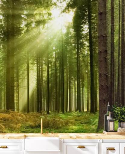 papel pintado verde personalizable llamado Panoramic Woodland para dormitorios