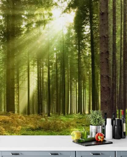 papel pintado verde personalizable llamado Panoramic Woodland para dormitorios