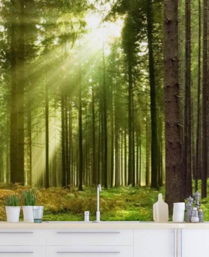 papel pintado verde personalizable llamado Panoramic Woodland para dormitorios