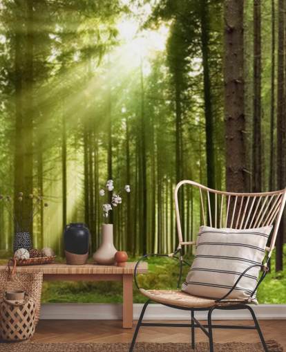 groen aanpasbaar bosbehang genaamd Panoramic Woodland voor slaapkamers