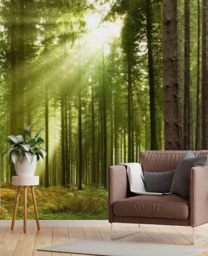 papel pintado verde personalizable llamado Panoramic Woodland para dormitorios
