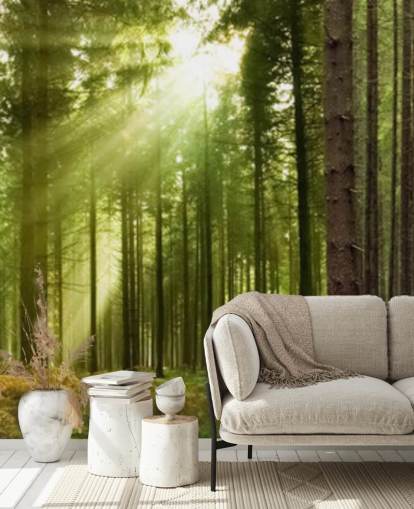 grüne anpassbare Waldtapete namens Panoramic Woodland für Schlafzimmer