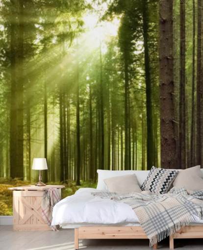 groen aanpasbaar bosbehang genaamd Panoramic Woodland voor slaapkamers