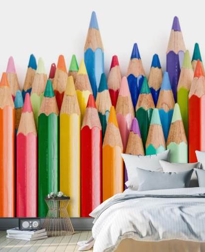 mural de papel de parede infantil colorido chamado Pencil Crayons para escolas, quartos infantis e salas de jogos