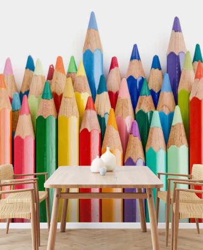 fargerikt tapet for barn kalt Pencil Crayons for skoler, barnerom og lekerom