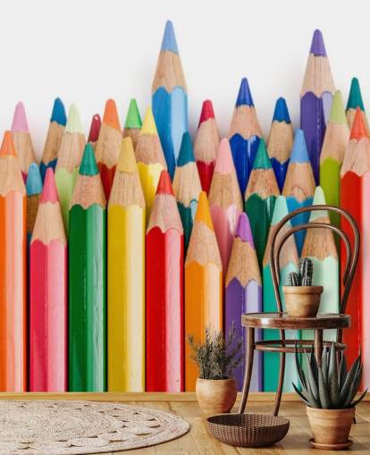 colorido mural de papel pintado para niños llamado Pencil Crayons para escuelas, dormitorios infantiles y salas de juegos