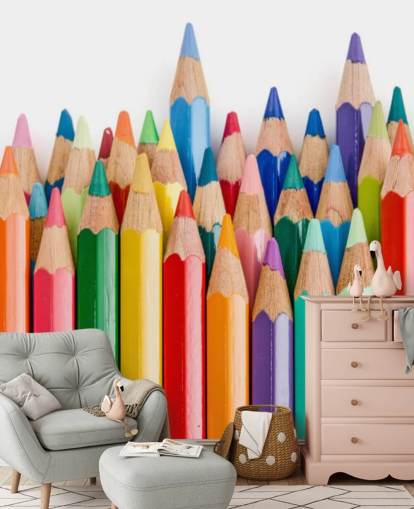 carta da parati murale colorata per bambini chiamata Pencil Crayons per scuole, camerette e sale giochi