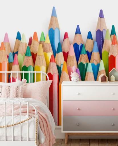 carta da parati murale colorata per bambini chiamata Pencil Crayons per scuole, camerette e sale giochi