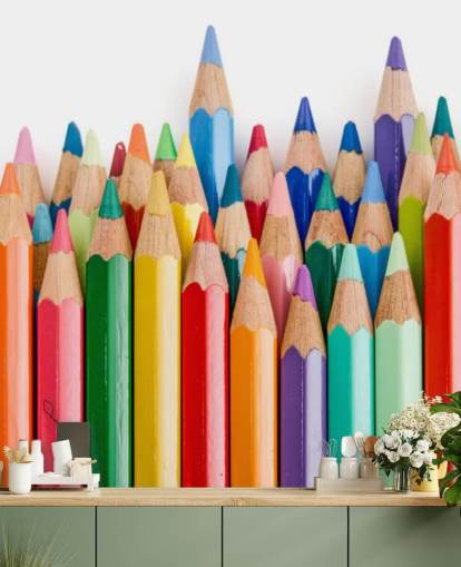 carta da parati murale colorata per bambini chiamata Pencil Crayons per scuole, camerette e sale giochi carta da parati murale colorata per bambini chiamata Pencil Crayons per scuole, camerette e sale giochi