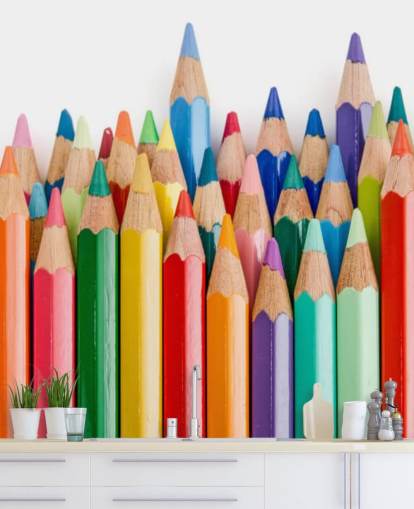 colorful kids wallpaper mural called Pencil Crayons for schools, kids bedrooms and playrooms