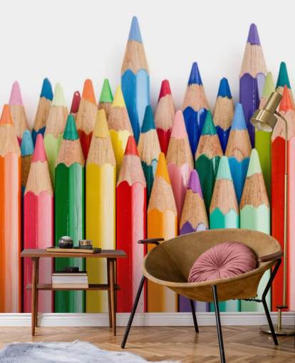 colorido mural de papel pintado para niños llamado Pencil Crayons para escuelas, dormitorios infantiles y salas de juegos