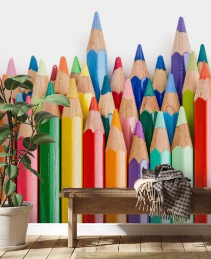 colorful kids wallpaper mural called Pencil Crayons for schools, kids bedrooms and playrooms
