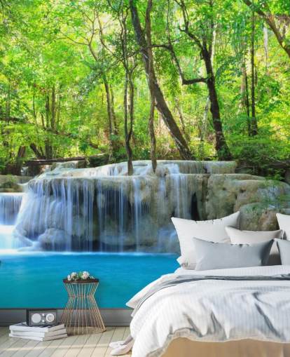 mural de papel de parede de cachoeira personalizável azul e verde chamado Erawan Waterfall, Tailândia para escritórios, quartos e salas de estar