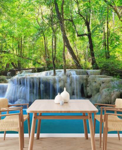 blue and green customizable waterfall wallpaper mural called Erawan Waterfall, Thailand for offices, bedrooms and living rooms