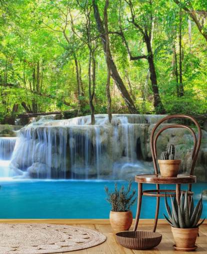 blue and green customizable waterfall wallpaper mural called Erawan Waterfall, Thailand for offices, bedrooms and living rooms blue and green customizable waterfall wallpaper mural called Erawan Waterfall, Thailand for offices, bedrooms and living rooms