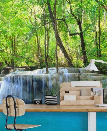 blue and green customisable waterfall wallpaper mural called Erawan Waterfall, Thailand for offices, bedrooms and living rooms