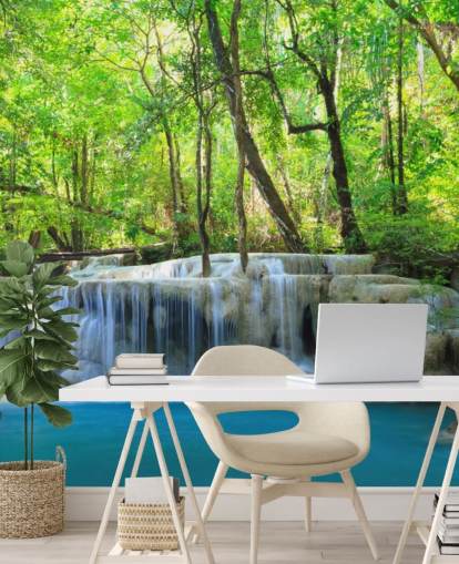 blue and green customizable waterfall wallpaper mural called Erawan Waterfall, Thailand for offices, bedrooms and living rooms blue and green customizable waterfall wallpaper mural called Erawan Waterfall, Thailand for offices, bedrooms and living rooms