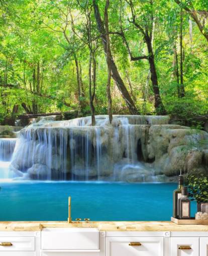 sininen ja vihreä muokattava vesiputous taustakuvamaalaus nimeltä Erawan Waterfall, Thaimaa toimistoihin, makuuhuoneisiin ja olohuoneisiin