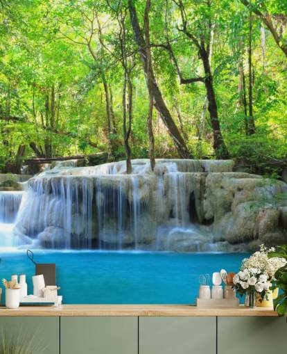 blå og grøn tilpasselig vandfald tapetmaleri kaldet Erawan Waterfall, Thailand til kontorer, soveværelser og stuer blå og grøn tilpasselig vandfald tapetmaleri kaldet Erawan Waterfall, Thailand til kontorer, soveværelser og stuer