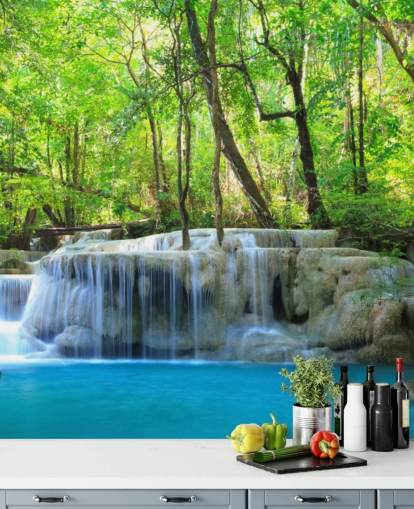 papier peint mural en cascade personnalisable bleu et vert appelé Erawan Waterfall, Thaïlande pour les bureaux, les chambres et les salons papier peint mural en cascade personnalisable bleu et vert appelé Erawan Waterfall, Thaïlande pour les bureaux, les chambres et les salons