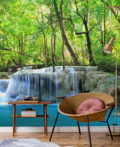 mural de papel pintado de cascada personalizable azul y verde llamado Cascada de Erawan, Tailandia, para oficinas, dormitorios y salas de estar