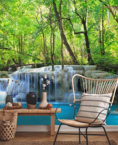 mural de papel de parede de cachoeira personalizável azul e verde chamado Erawan Waterfall, Tailândia para escritórios, quartos e salas de estar
