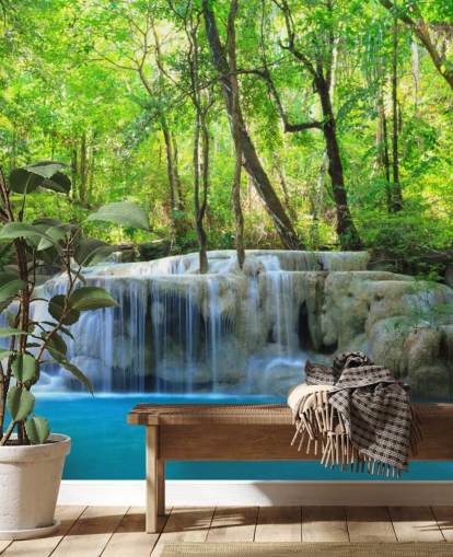blue and green customisable waterfall wallpaper mural called Erawan Waterfall, Thailand for offices, bedrooms and living rooms