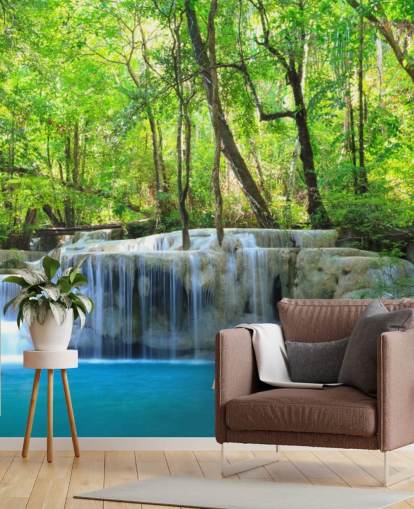 blue and green customizable waterfall wallpaper mural called Erawan Waterfall, Thailand for offices, bedrooms and living rooms