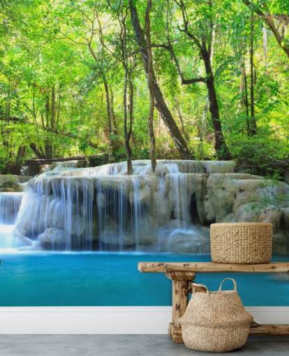 blue and green customisable waterfall wallpaper mural called Erawan Waterfall, Thailand for offices, bedrooms and living rooms