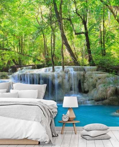 sininen ja vihreä muokattava vesiputous taustakuvamaalaus nimeltä Erawan Waterfall, Thaimaa toimistoihin, makuuhuoneisiin ja olohuoneisiin