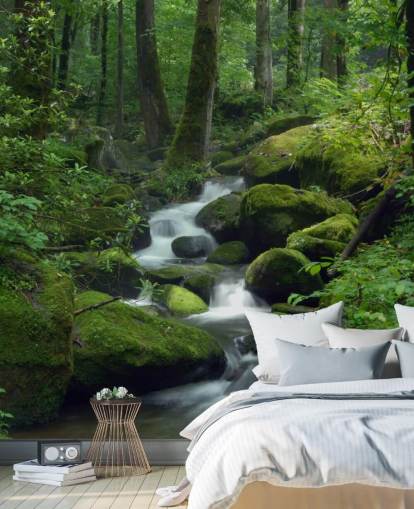 mural de papel de parede de cachoeira verde personalizável chamado Mossy Waterfall para salas de estar e cozinhas